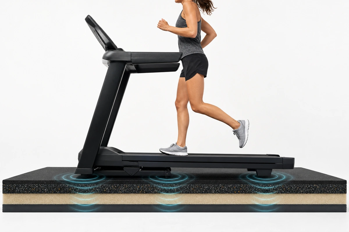 A runner on a treadmill with impact and vibration absorbed into a layered rubber mat