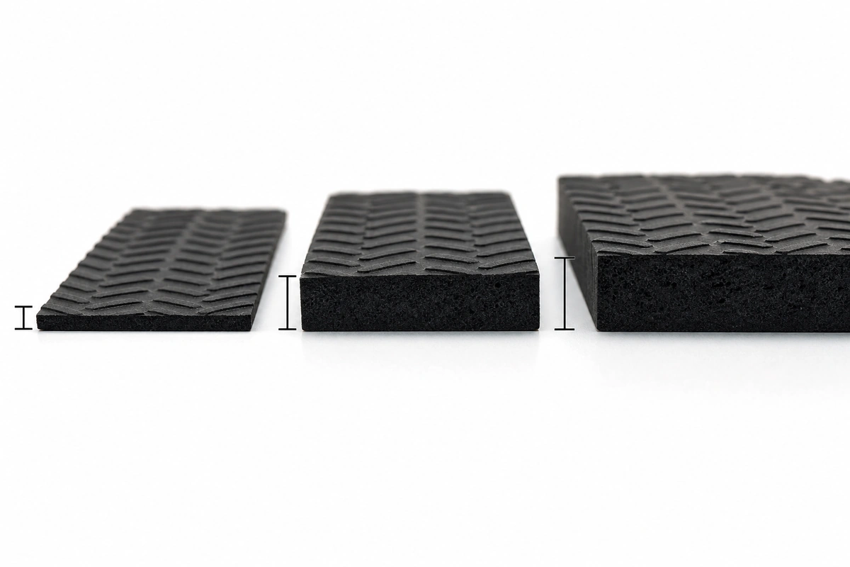 Three rubber treadmill mats of increasing thickness shown edge-on