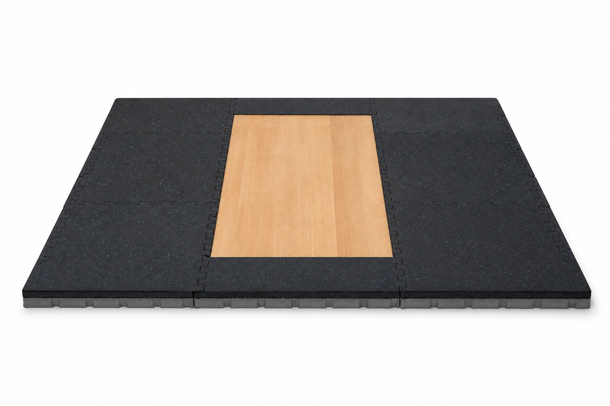 Olympic weightlifting platform zone with interlocking gym tiles