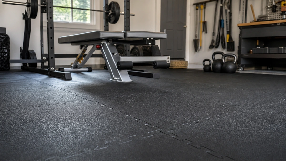 Weightlifting flooring platform with Olympic barbell and bumper plates
