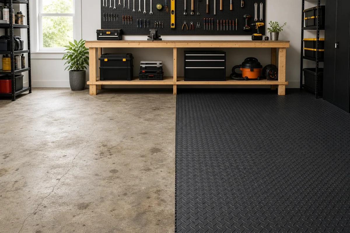Before and after comparison of a workshop floor showing bare concrete transformed with diamond PVC interlocking tiles