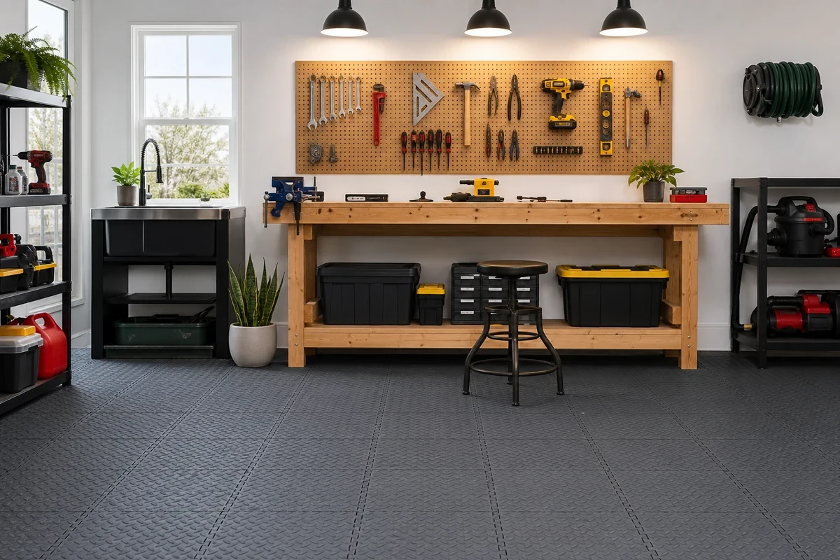 Well-organized home workshop with DURAFLEX Diamond PVC interlocking floor tiles installed, workbench and tool storage visible