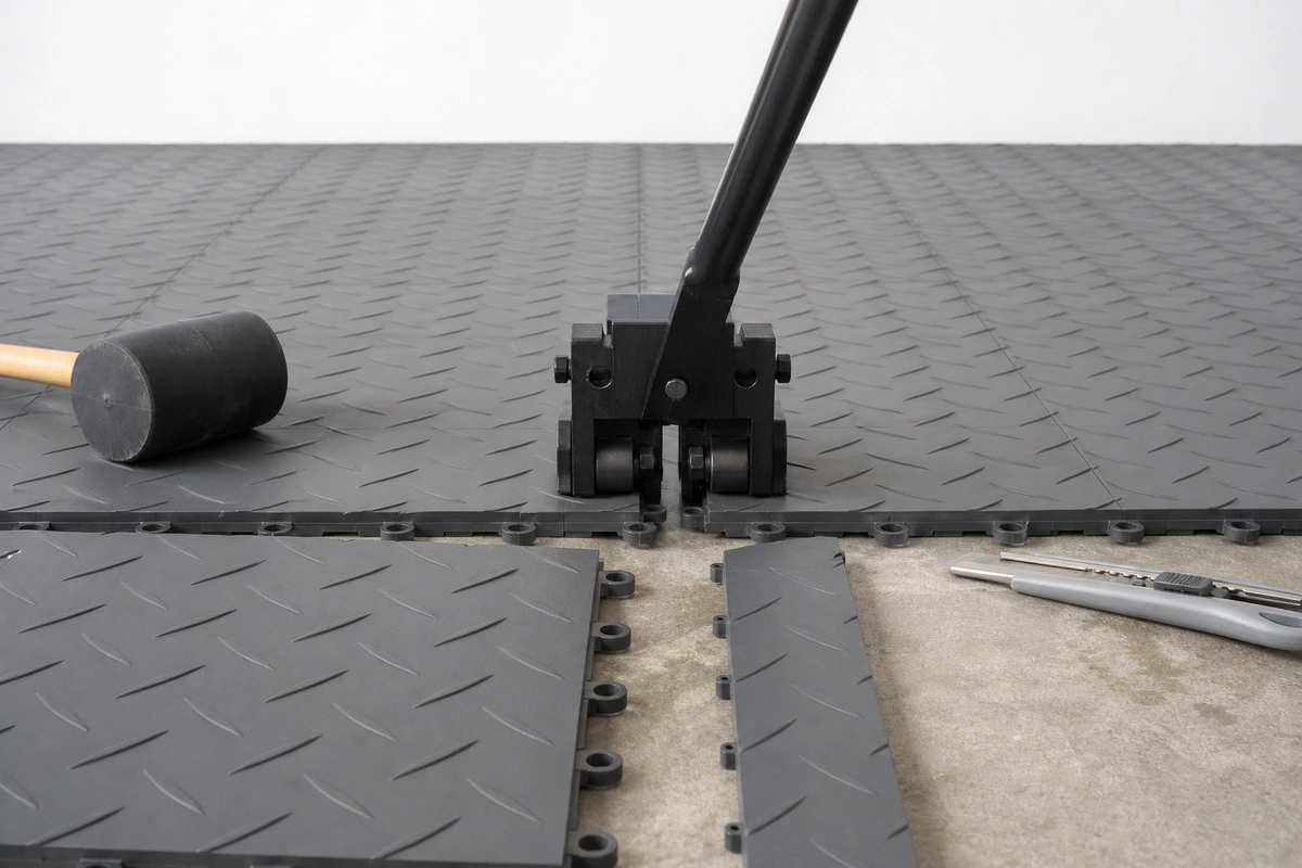 Hands installing interlocking PVC diamond floor tiles in a workshop with rubber mallet nearby