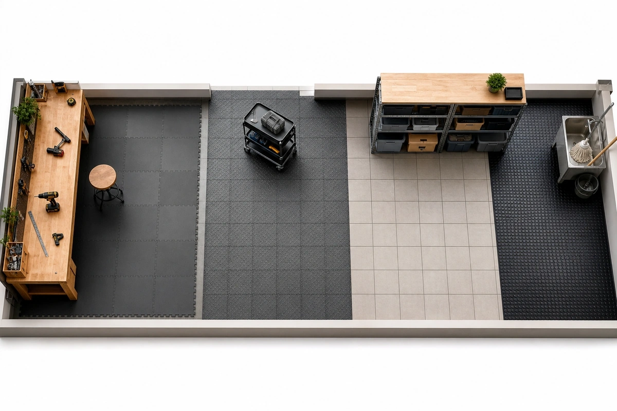 Workshop floor zone planning diagram showing workbench area, rolling equipment paths, storage zone, and optional wet zone