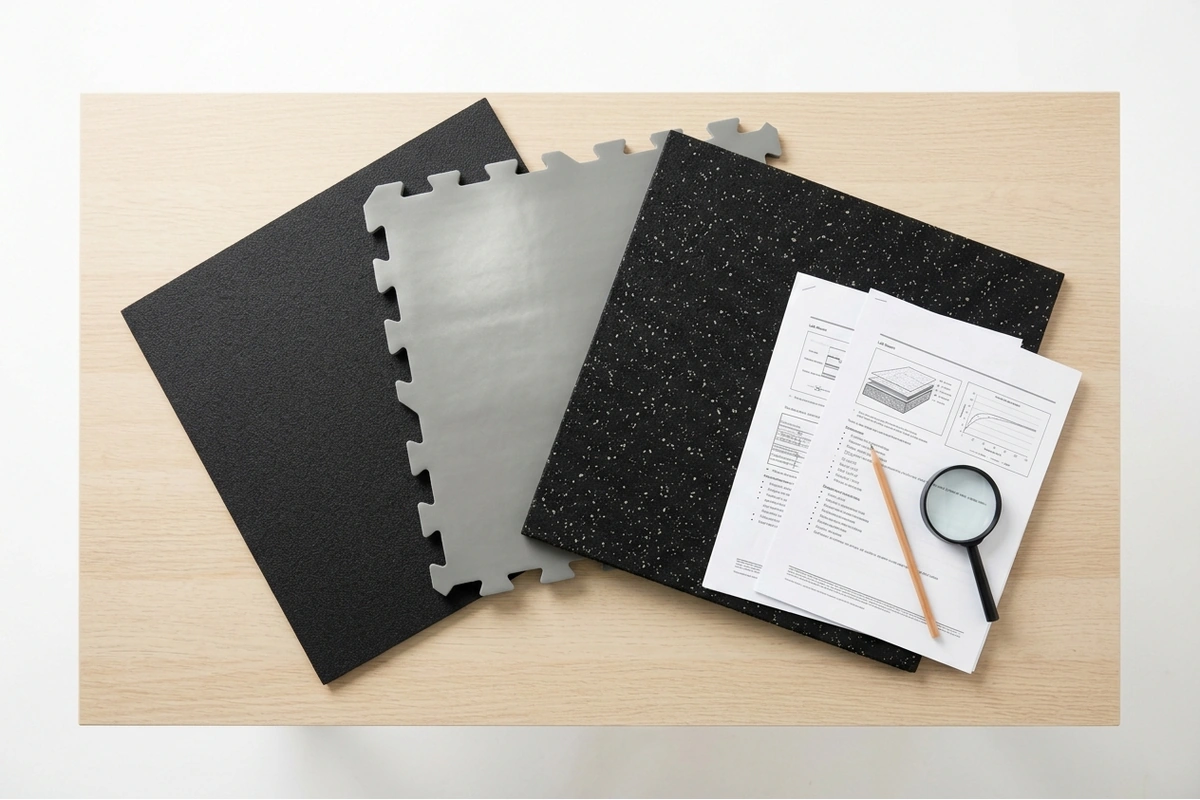 Foam, PVC and rubber flooring samples laid out beside a printed laboratory test report