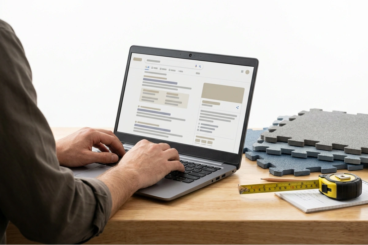 Person checking a product certification registry on a laptop with flooring samples on the desk