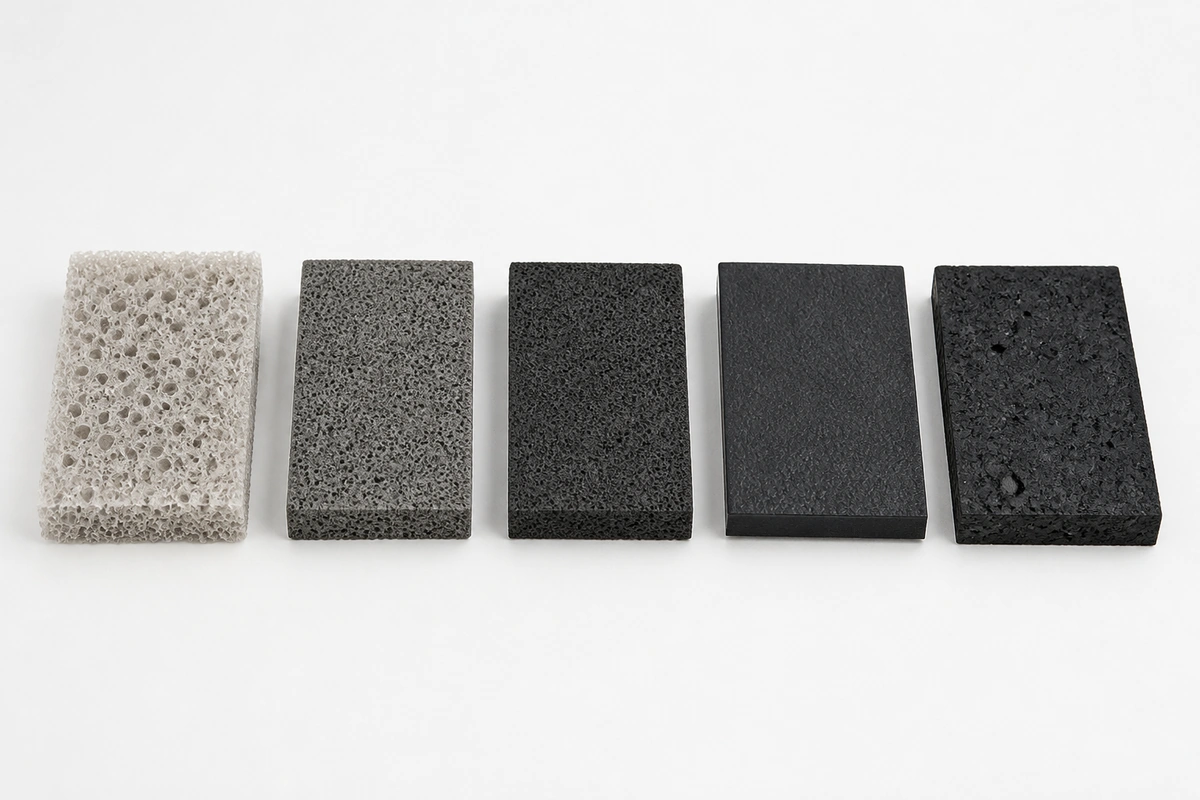 Cross-sections of EVA foam, polyethylene foam, polyurethane, SBR rubber and PVC flooring samples side by side